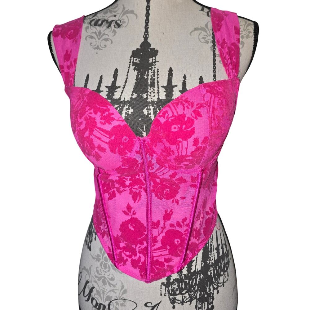Coquette Hot Pink Floral Velvet Padded Corset Top Body Rage Spencers Size Large